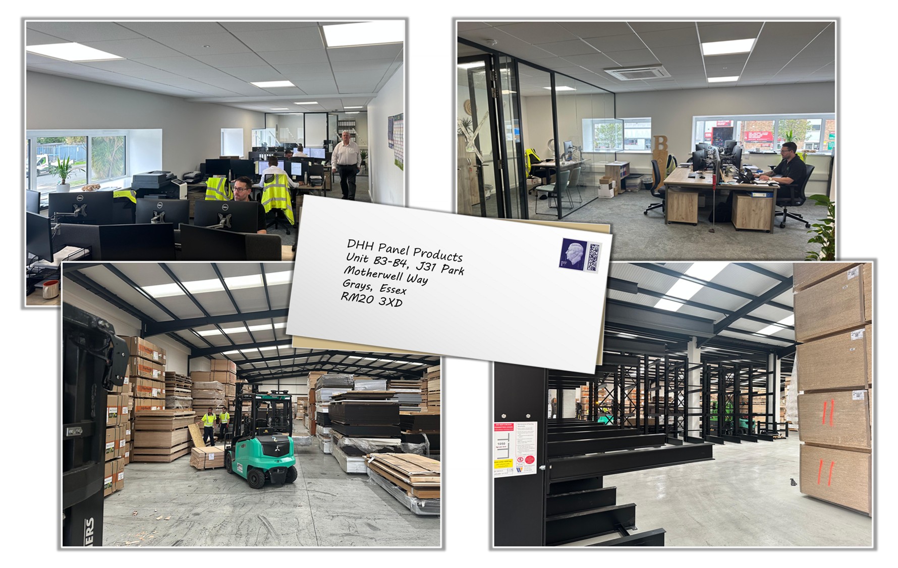 A collage of images showing the new DHH Panel Products HQ in Grays, Essex